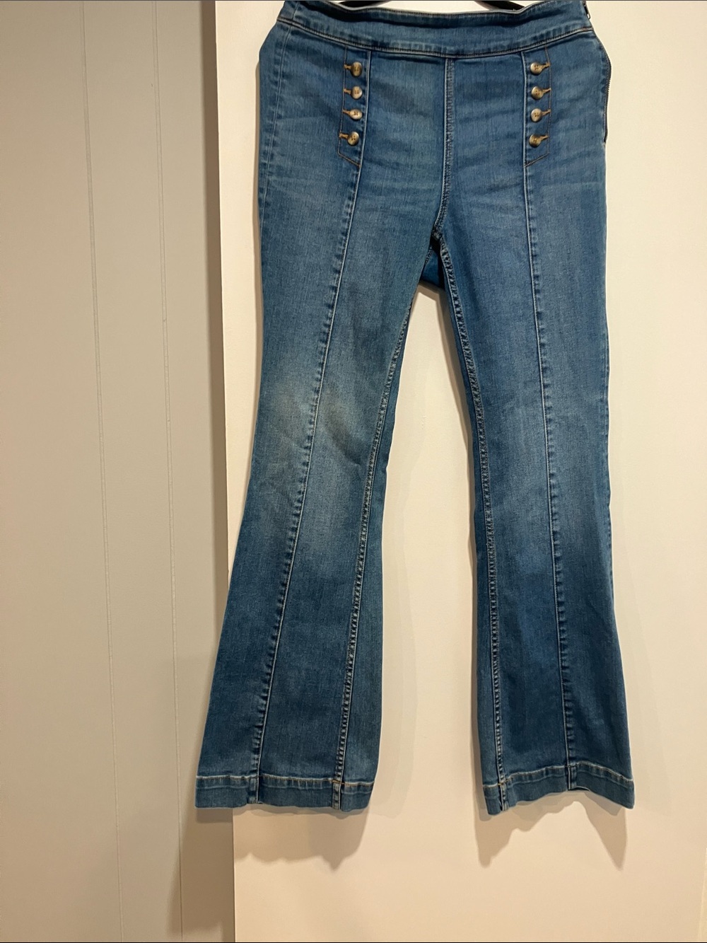 Anthropologie Blue Denim Flare Jeans with Decorative Buttons